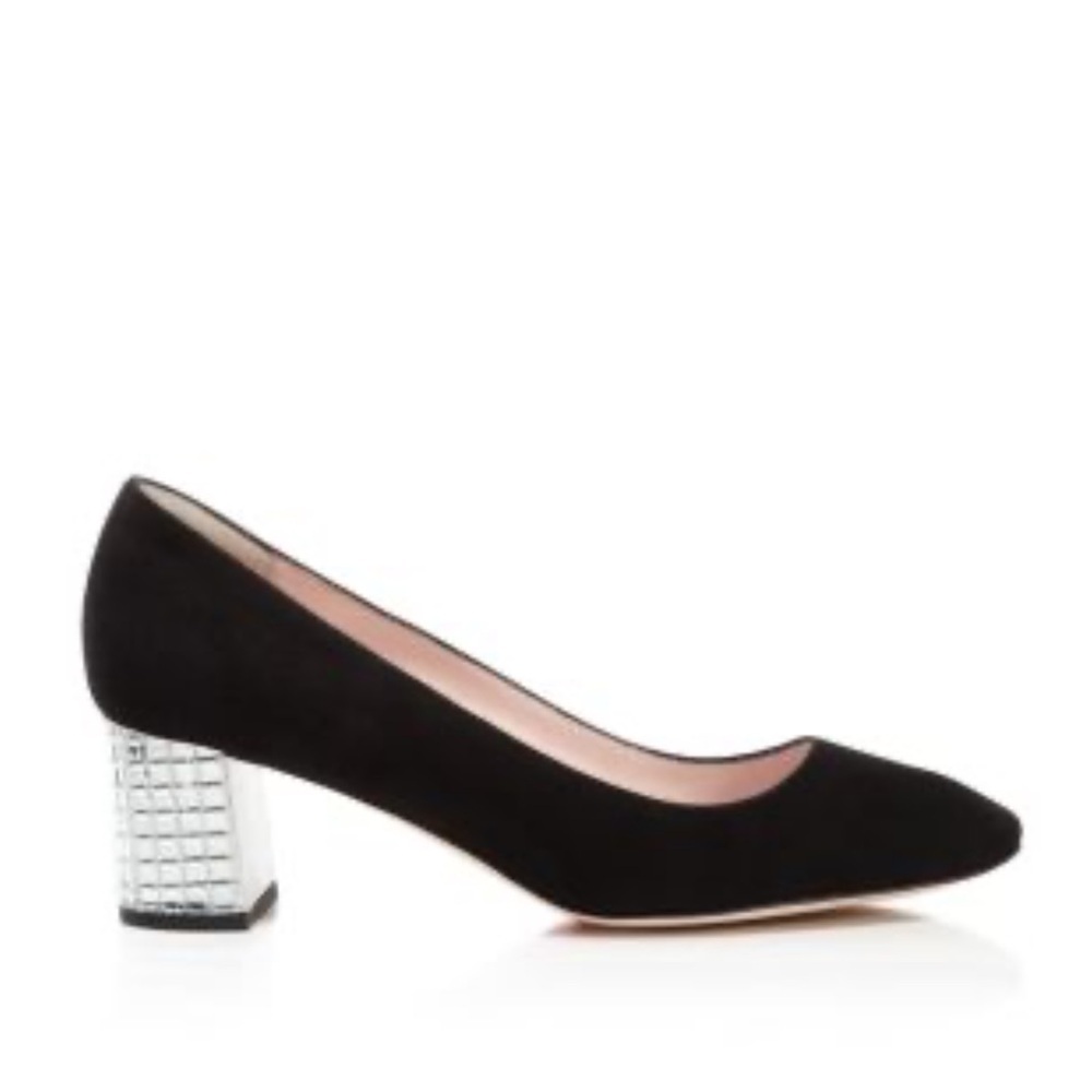 Kate Spade Danika Too Suede Mirrored Round Toe Mirrored Block Heel Pumps Sz 7.5